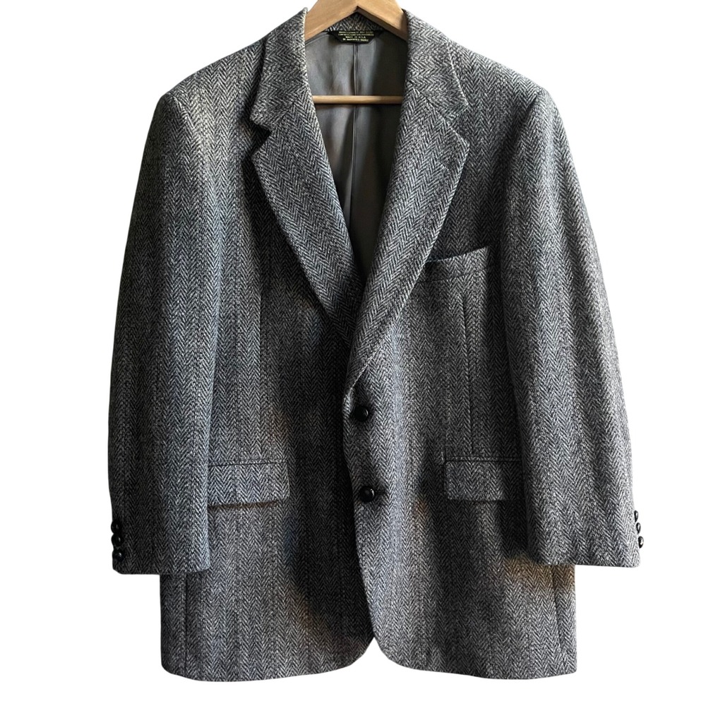 Harris Tweed Sport Coat Men Wool 43 Gray Herringbone Blazer Stafford Handwoven